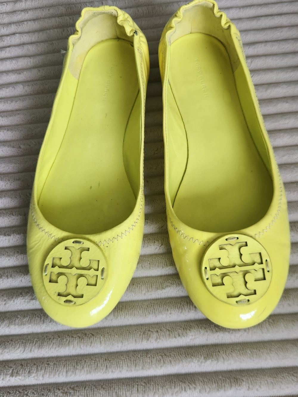 Tory Burch Neon Yellow Patent Logo Ballet Flats